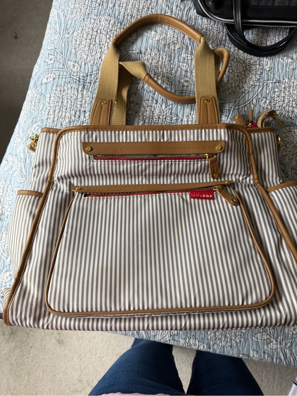 Skip Hop Tan Trim Beige & White Striped Tote Diaper Bag